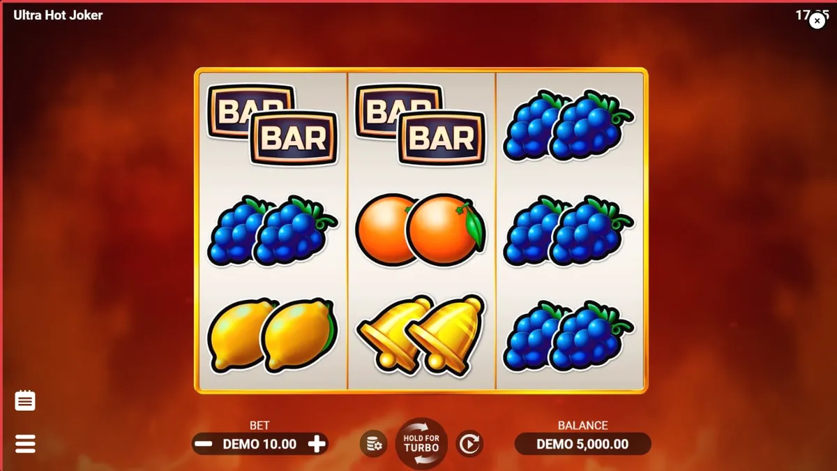 Tampilan visual slot Ultra Hot Joker dengan simbol buah-buahan klasik dan api yang membara