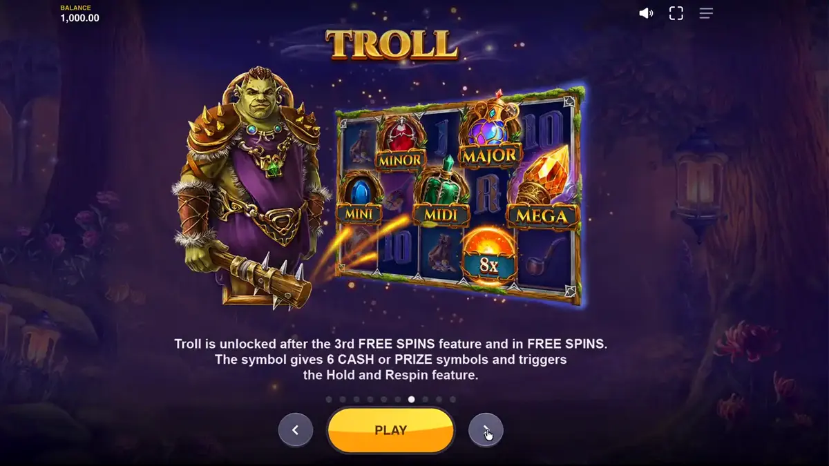 Pemandangan hutan mistis dalam slot Land of Riches dengan karakter pahlawan di bagian atas layar.