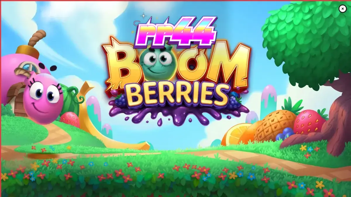 Tampilan visual slot Boomberries dengan latar belakang desa dongeng dan simbol buah-buahan